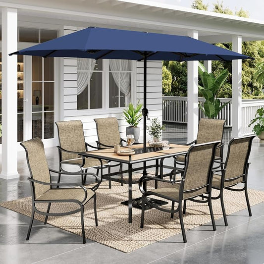 Sophia & William Patio Set with Umbrella Outdoor Dining Set with 13ft Navy Umbrella, 6 x Fixed Dining Chairs, 1 Wood Like Patio Table for Lawn Garden Backyard Pool (Umbrella Base Not Included)