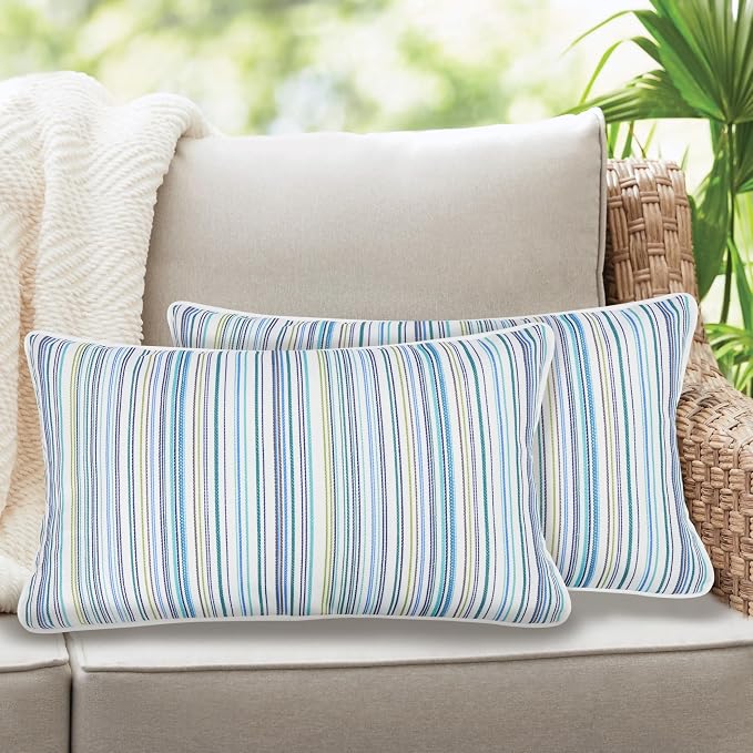 Lumbar Pillow Covers Set of 2, Outdoor Indoor Waterproof Decorative Patio Lumbar Pillowcase Shell 12x20 Inch, Rectangular Cushion Case for Couch Sofa Garden Farmhouse-Blue Stripe