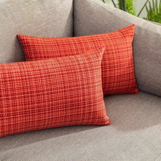Kevin Textile Outdoor Waterproof 12"x20" Lumbar Pillow Covers 2 Pack, Red | Water Resistant, Faux Linen Yarn-dyed, Woven Texture Throw Pillow Covers for Tent Patio Garden Couch Sofa