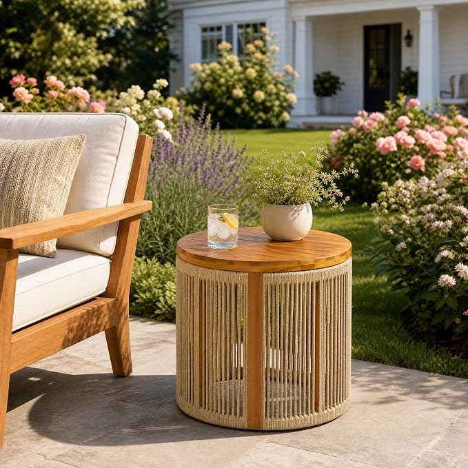 Christopher Knight Home Kimmy Outdoor Side Table with Rope Accent, Acacia Wood Coffee Table, Patio Round Side Table, Weather Resistant Accent Table for Outdoor Patio Furniture Set, Brown + Teak
