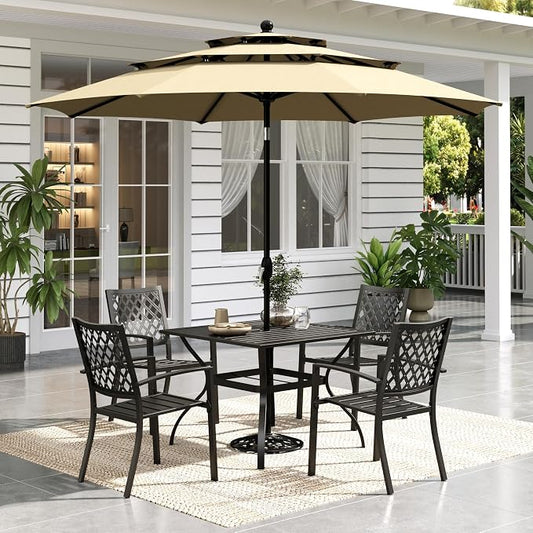 Sophia & William Metal Outdoor Patio Dining Set 6 PCS with 10ft 3 Tier Auto-tilt Umbrella(Beige), 4 x Metal Outdoor Chairs, 1 x Square 37"x 37" Dining Table and 1 Patio Umbrella