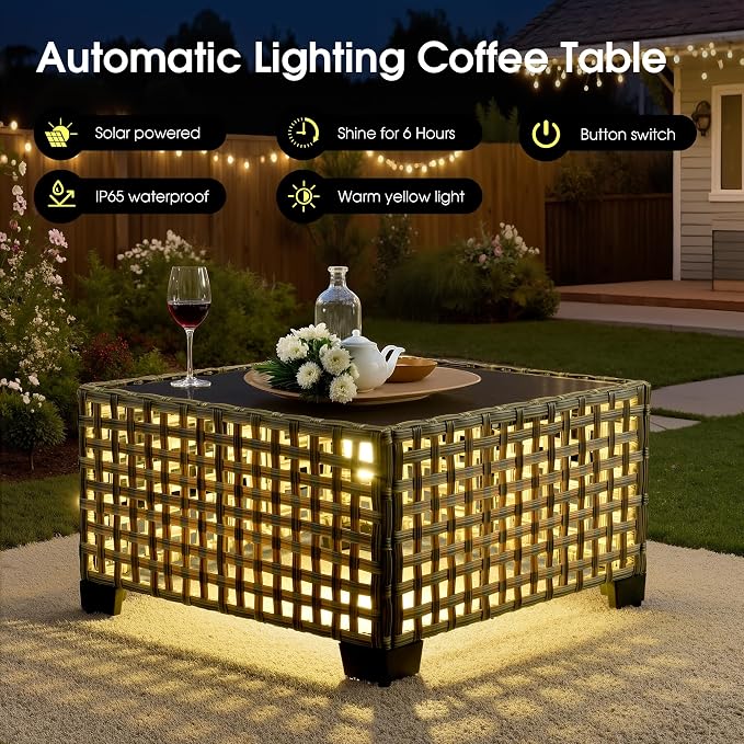 Outdoor Sectional Patio Furniture Set with Fire Pit,7 Pieces Rattan Conversation Sets,Out Door L Shaped Furniture with Glowing Coffee Table,Beige