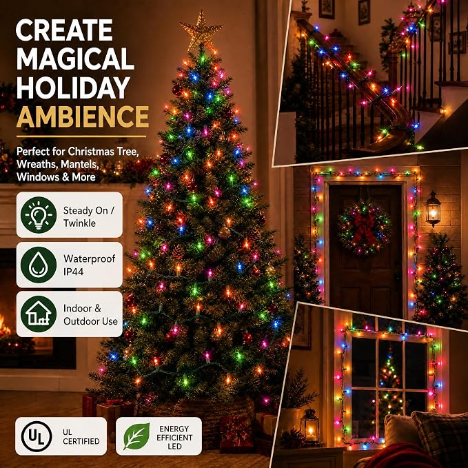 Multi Colored Christmas Lights, 2 Pack Total 40FT 200 Count Incandescent Christmas Mini Tree String Lights, Waterproof Christmas Decorations for Outdoor Indoor Xmas Home Party Garden Yard Decor