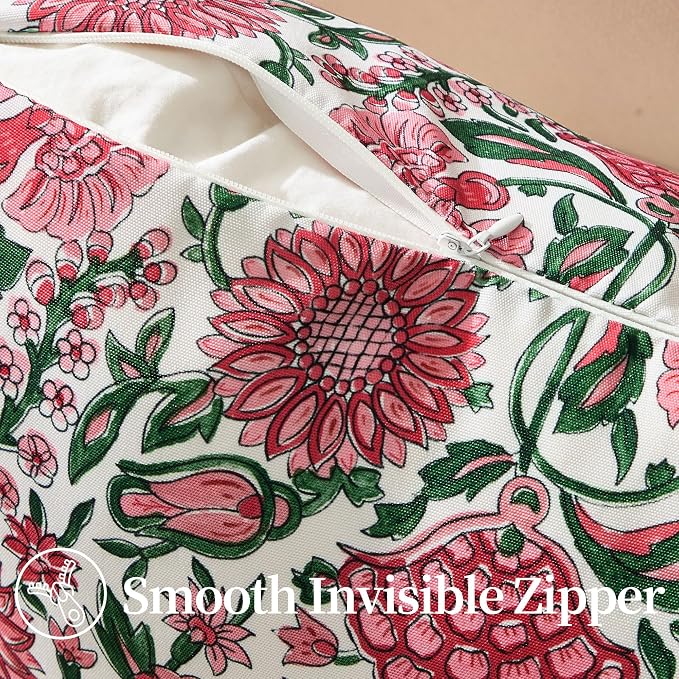 Allorry Outdoor Pillow Covers 18x18 Rose Pink Floral Outdoor Decor JB013D18 | Set of 2 Vintage Floral Block Print Pillow Cover,Farmhouse Boho Decorative for Spring Summer Outdoor Sofa Bedroom Decor