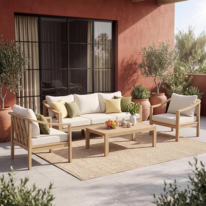 Merax 4 Piece All-Weather Acacia Wood Outdoor Furniture Set, 5-Seater | Patio 3-Seater Sofa, 2 Club Chairs with Coushions, 1 Coffee Table, Conversation Set for Backyard, Deck, Poolside, Teak+ Beige
