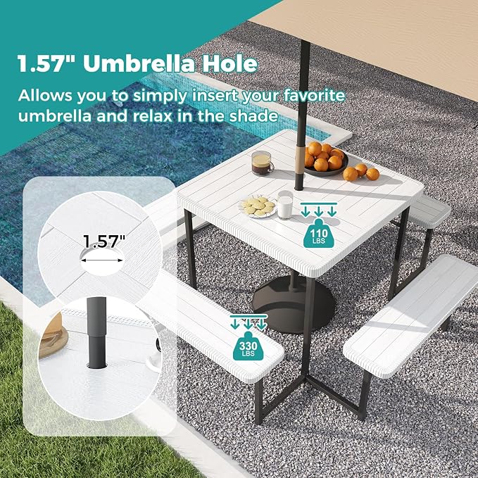 Byroce Outdoor Picnic Table for 4-8 Person, HDPE Picnic Camping Table Set with 4 Benches, Umbrella Hole & Metal Frame, Heavy Duty Square Dining Table Chairs for BBQ in Patio, Yard & Poolside (White)