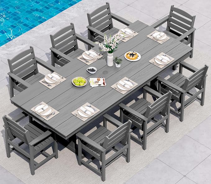 SERWALL 9 Piece Outdoor Dining Set, 84" HDPE Outdoor Table and Chairs for 8，All Weather Patio Furniture Set with Umbrella Hole for Backyard, Garden, Gray