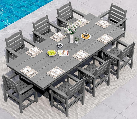 SERWALL 9 Piece Outdoor Dining Set, 84" HDPE Outdoor Table and Chairs for 8，All Weather Patio Furniture Set with Umbrella Hole for Backyard, Garden, Gray