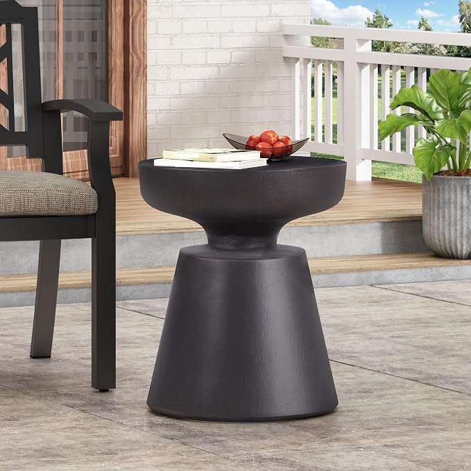 Outdoor Side Table 17.75" Hourglass Shape Lightweight Concrete-Look Outdoor Indoor Accent Table Decorative Garden Stools, for Patio Porch Living Room, Black
