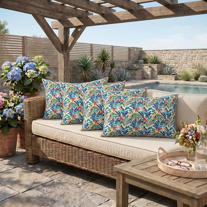 RSH DECOR: Lumbar Throw Pillows Set of 4 | 20” x 12" | All-Weather Spun Fabric | Outdoor Support Pillows for Patio Furniture | Made in USA (SOMAP Multi)