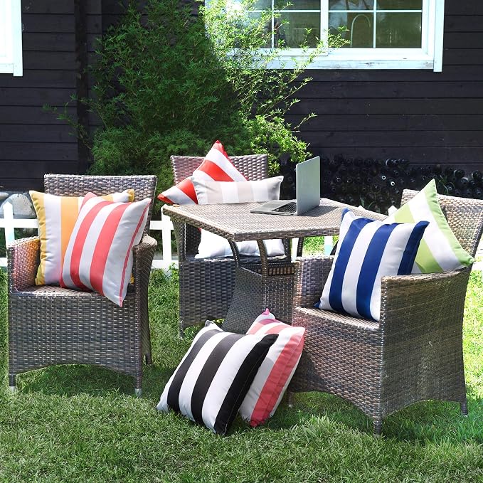 Pack of 2 Decorative Outdoor Waterproof Striped Throw Pillow Covers 12x20 | Green, Solid, Polyester Linen Garden Farmhouse Cushion Cases for Couch Sofa Patio Tent Balcony