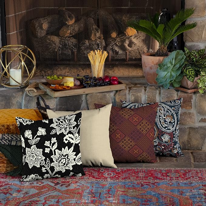 Arden Outdoor Toss Pillow, 4-Pack, 16x16, Black Jacobean | Indoor/Outdoor Décor, Set of 4, 16 x 16, Rain-Proof, Fade Resistant, Mold and Mildew Resistant