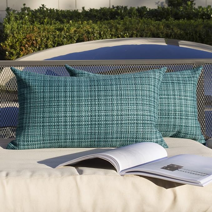 Kevin Textile Outdoor Waterproof 12"x24" Lumbar Pillow Covers 2 Pack, Teal | Water Resistant, Faux Linen Yarn-dyed, Woven Texture Throw Pillow Covers for Tent Patio Garden Couch Sofa
