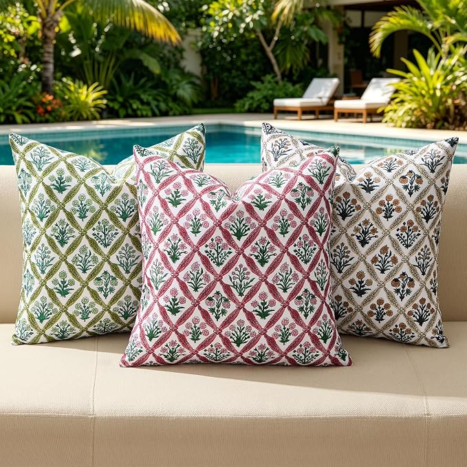 Allorry Floral Outdoor Pillow Covers 20x20 Rose Pink Waterproof Decor | Set of 2 Vintage Floral Block Print Pillow Cover,Farmhouse Boho Decorative for Spring Summer Outdoor Sofa Bedroom Decor