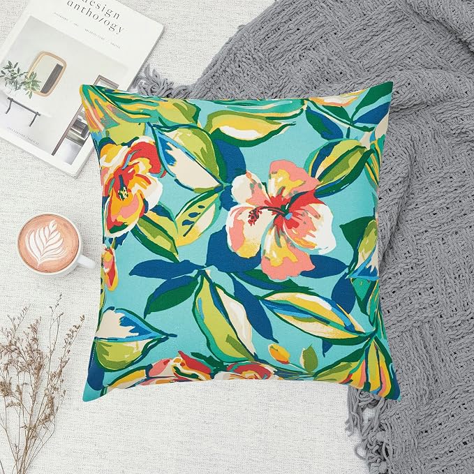 Outdoor Pillow Covers 18x18 Inch Pack of 2, No Insert-Rosario Flower Leaf | Square Throw Pillow Covers, Water-Repellent, Modern Pillow Cases for Sofa Patio Couch Decoration