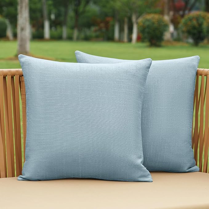 NiNi ALL Waterproof Outdoor Pillow Covers 20x20 Set of 2 Patio Light Blue | Faux Linen Textured Decorative Solid Throw Pillow Covers Farmhouse for Garden Furniture Tent Balcony Couch Sofa Cushion