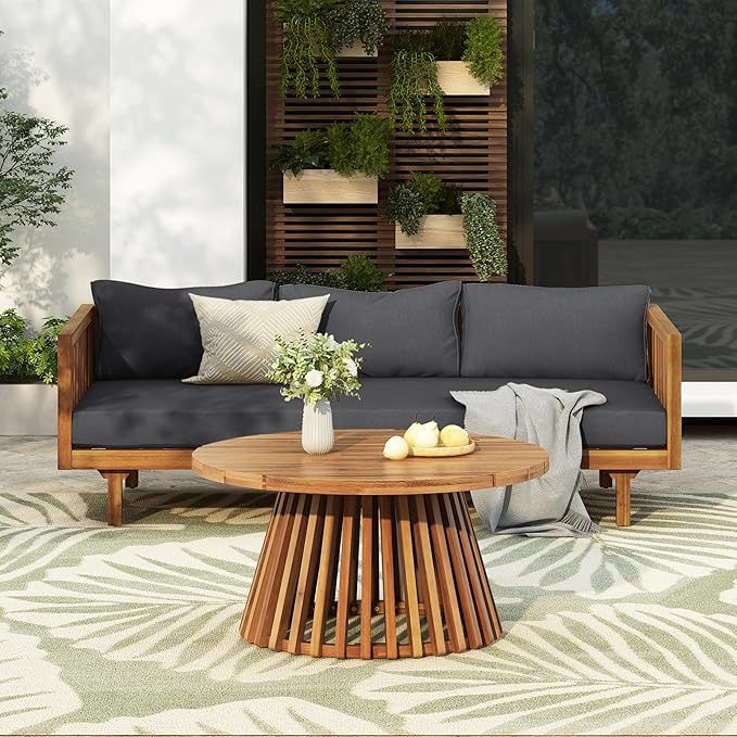 Merax Outdoor Acacia Wood Conversation Set - Patio 3-Seat Loveseat Sofa w/Coushion and Round Coffee Table for Backyard, Lawn, Balcony, Teak+Dark Gray