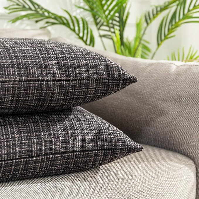 Kevin Textile Outdoor Waterproof 16x16 Inch Pillow Covers 2 Pack, Black | Water Resistant, Faux Linen Yarn-dyed, Woven Texture Throw Pillow Covers for Tent Patio Garden Couch Sofa