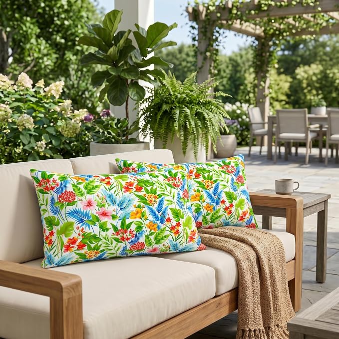 RSH DECOR: Lumbar Jumbo Throw Pillows Set of 2 | 26” x 16" | All-Weather Spun Fabric| Outdoor Support Pillows for Patio Furniture | Made in USA (Carena Multi)