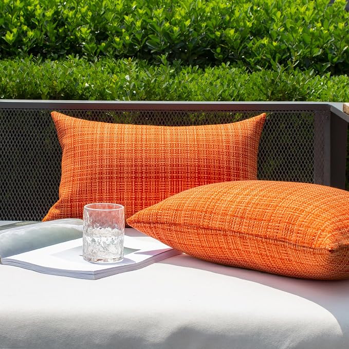 Kevin Textile Outdoor Waterproof 12"x24" Lumbar Pillow Covers 2 Pack Orange | Water Resistant, Faux Linen Yarn-dyed, Woven Texture Throw Pillow Covers for Tent Patio Garden Couch Sofa
