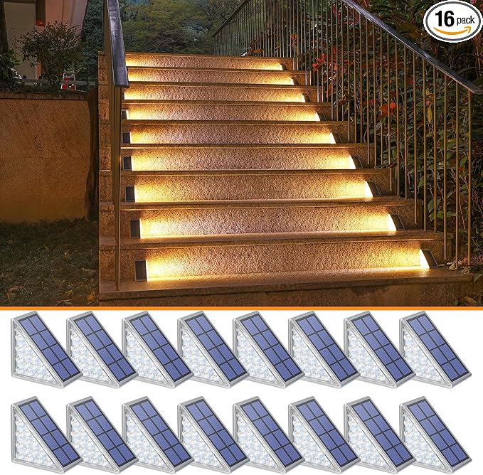 Solar Step Lights,16 Pack Warm White Solar Stair Lights Outdoor Waterproof IP67 Auto On Off,Solar Lights for Steps,Stair,Patio,Yard,Porch,Front Door,Sidewalk,Deck Decor