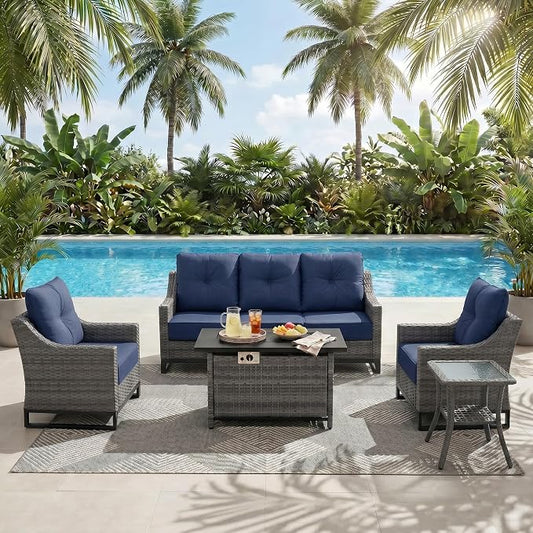 5-Piece Patio Furniture Set, Rattan Wicker Patio Set with Two Outdoor Chairs and Table, Wicker Rattan Outdoor Sofa Set with with Comfy Cushions for for Porch, Garden Poolside Balcon