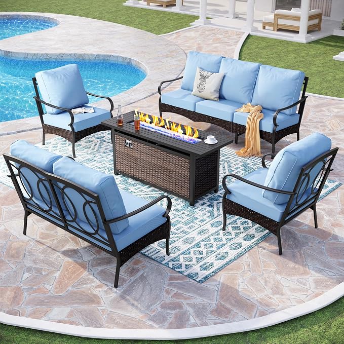 PHI VILLA Patio Furniture Set with 56" Fire Pit Table, Premium Outdoor Wicker Metal Frame Furniture with Upgraded Waterproof Thick Cushions for Porch, Poolside, Deck, and Yard