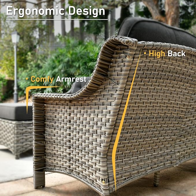 HOOOWOOO 6 Piece Patio Furniture Conversation Sets with Sola Light Table,Outdoor Wicker Furniture with Ottoman, All Weather Resistant Outside High Back Rattan Patio Set(Black)