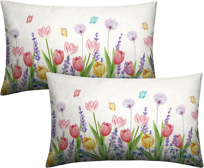 Spring Summer Floral Rectangle Pillow Case 12x20 Pink Tulip Lumbar Throw Pillow Covers Flowers with Butterflies Decorative Waist Pillowcase Set of 2 for Bed Couch Sofa