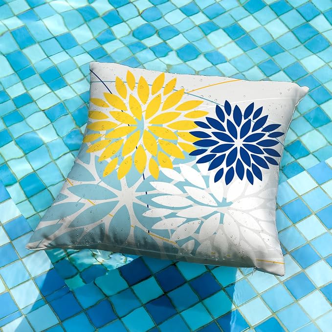 DFXSZ Pack of 2 Outdoor Waterproof Throw Pillow Covers 18x18 Yellow Blue | Polyester Colorful Spring Summer Floral Decorative Cushion Cases(NO INSERT),For Couch Patio Funiture Garden Home Decor