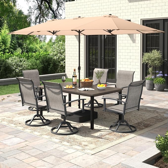 7 Pieces Patio Dining Set with Patio Umbrella, Outdoor Furniture of 63" Rectangular Patio Table and Patio Swivel Chairs for Backyard Lawn Garden, Grey Table and Grey Chairs