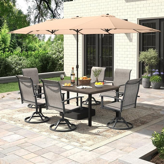 7 Pieces Patio Dining Set with Patio Umbrella, Outdoor Furniture of 63" Rectangular Patio Table and Patio Swivel Chairs for Backyard Lawn Garden, Grey Table and Grey Chairs