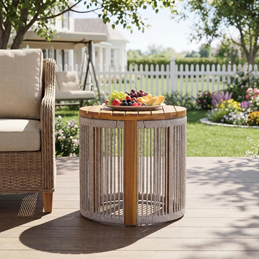Christopher Knight Home Kimmy Outdoor Side Table with Rope Accent, Acacia Wood Coffee Table, Patio Round Side Table, Weather Resistant Accent Table for Outdoor Patio Furniture Set, Light Grey + Teak