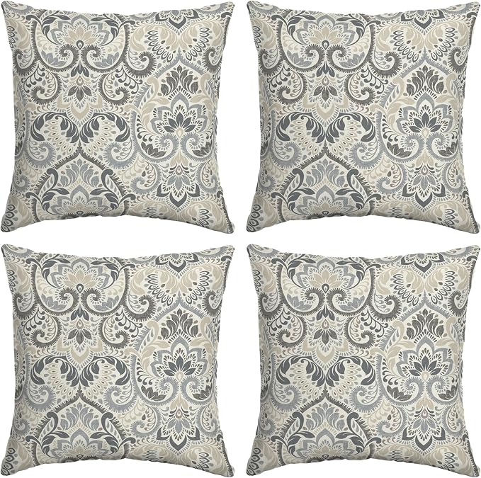 Arden Outdoor Toss Pillow, 4-Pack, 16x16, Neutral Damask | Indoor/Outdoor Décor, Set of 4, 16 x 16, Rain-Proof, Fade Resistant, Mold and Mildew Resistant