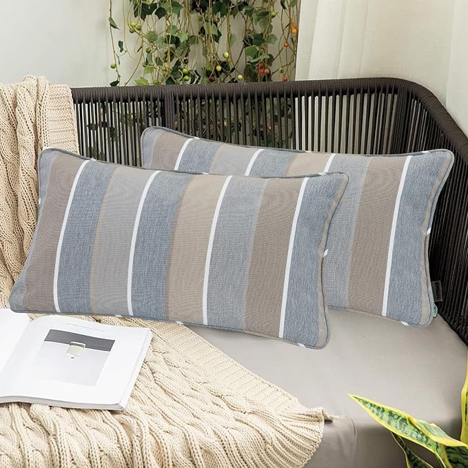 FUNHOME Outdoor Lumbar Pillow with Insert 12x20 Inch Pack of 2-Grey Stripe | Outdoor Pillows for Patio Furniture, Water-Repellent, Decorative Garden Pillows for Home Patio Coach Sofa Use