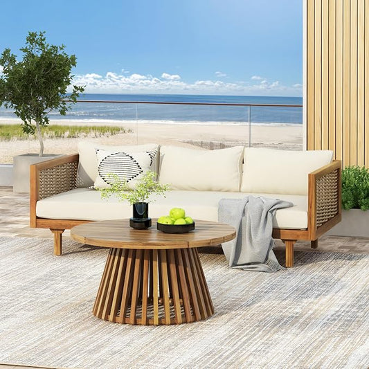 Merax Outdoor Acacia Wood Conversation Set, 3-Seat Loveseat Sofa w/Coushion and Round Coffee Table for Backyard, Patio Furniture, Teak+Beige