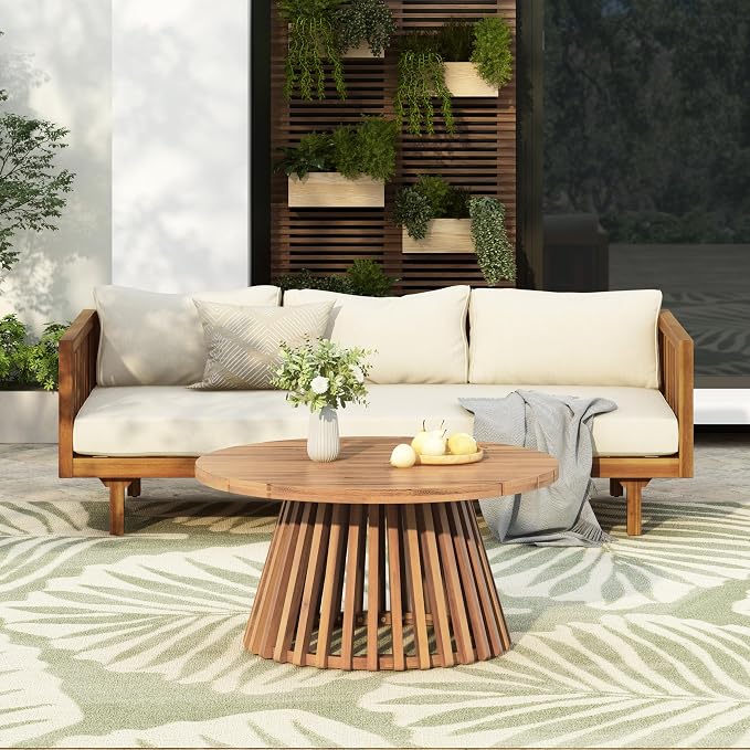 Christopher Knight Home Charm Patio Conversation Set, 3 Seater Acacia Wood Sofa, Spacious Seating Daybed, Wood Coffee Table, Round Side Table, Outdoor Furniture for Backyard Garden Gathering, Beige