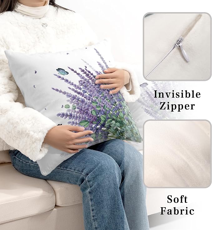 Spring Summer Floral Pillow Covers 20x20 Purple Lavender Decorative Pillow Covers Flowers and Butterflies Farmhouse Pillowcases for Outdoor Living Room Garden Sofa Set of 2