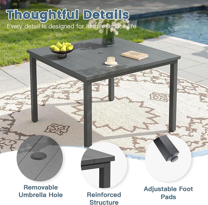 DIFY 5 Piece Outdoor Dining Set, 40" Square Metal Patio Table and Textilene Stackable Chairs for 4, All Weather Patio Furniture Set with Umbrella Hole for Backyard Garden Deck, Grey