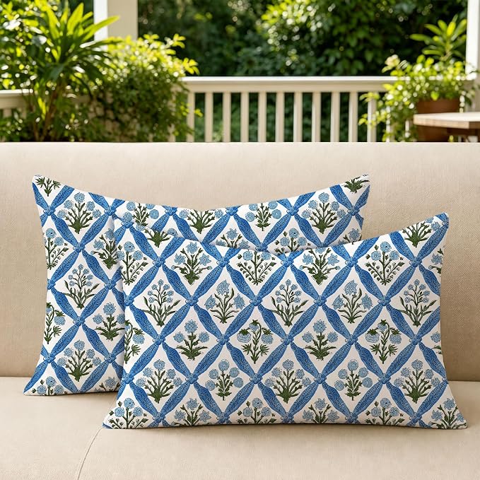 Allorry Floral Outdoor Pillow Covers 12x20 Blue Outdoor Waterproof Decor | Set of 2 Vintage Floral Block Print Pillow Cover,Farmhouse Boho Decorative for Spring Summer Outdoor Sofa Bedroom Decor