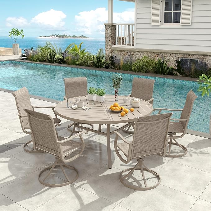 VICLLAX 53" Round Patio Dining Table for 6-8, All Weather Metal Outdoor Table with 1.57" Umbrella Hole and Surdy Frame for Garden Lawn Deck, Sandshell