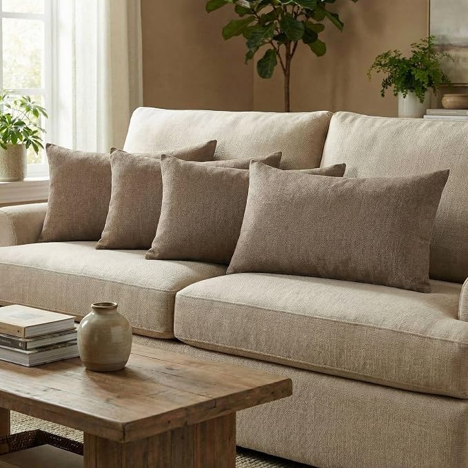 RSH DECOR: Sunbrella 26" x 16" Lumbar Throw Pillows Set of 4 | Water and Fade-Resistant Performance Fabric | Outdoor Pillow Covers with Down-Alternative Inserts | Made in USA (Spectrum Mushroom Brown)