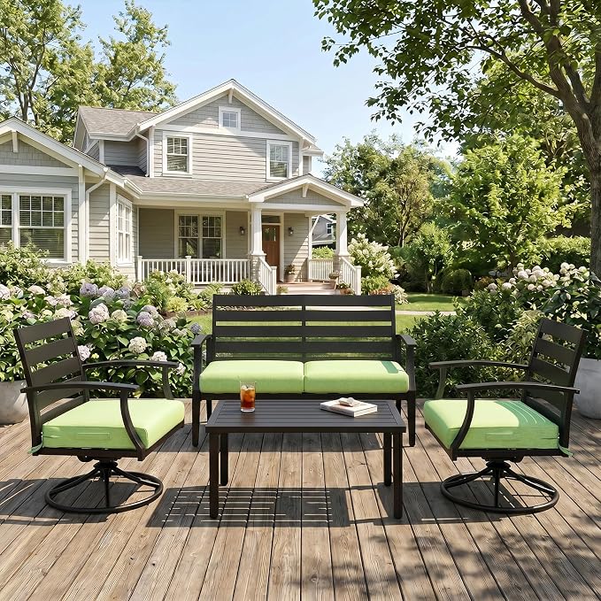 Aoodor Patio Chair Cushions Set of 2, 25 x 25 x 4 Inch Water Resistant Outdoor Seat Cushions with Handle and Ties, Square Corner Cushions for Patio Furniture Garden Lawn, Green