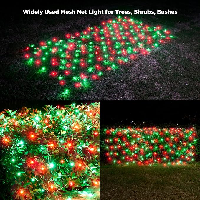 Led Net Lights Christmas Lights Outdoor 200Led 9ftx6ft Upgraded Red and Green Christmas Net Lighting, Waterproof 5mm LED Wide Angle Outdoor Indoor Mesh Net Light for Trees, Bushes, Shrubs Decorations
