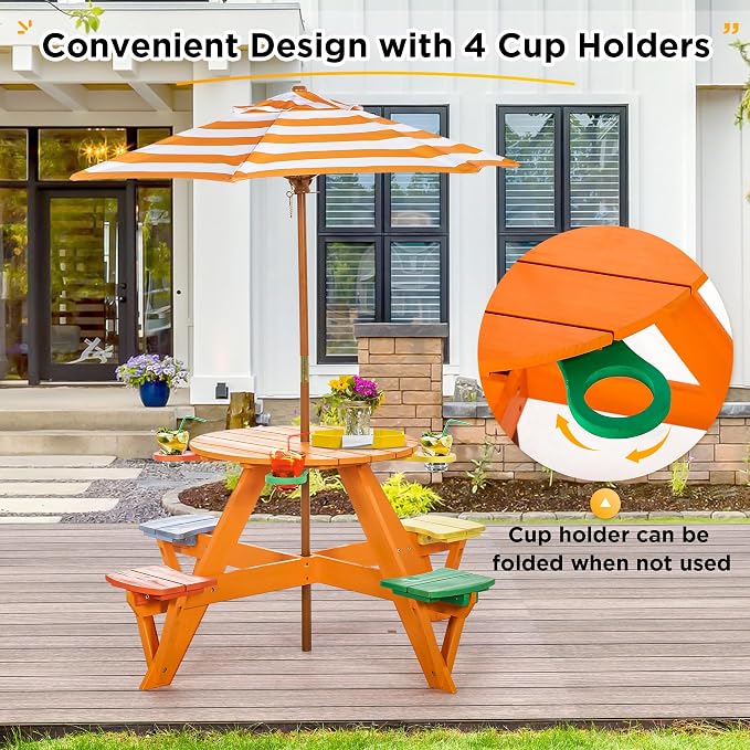BRINJOY Kids Picnic Table & Stool Set, Outdoor Wood Round Table & 4 Bench, Toddler Picnic Table Set w/Height Adjustable Umbrella, Children Activity Table w/Cup Holders for Patio, Garden, Backyard