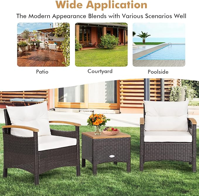 HAPPYGRILL 3-Piece Patio Furniture Set Outdoor PE Rattan Bistro Set with Coffee Table, Soft Seat Cushions & Throw Pillows, Acacia Wood Conversation Set for Patio Courtyard Poolside