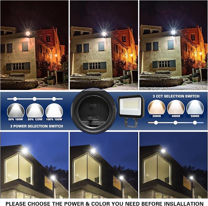 LED Flood Lights Outdoor 100/120/150W W and 3000/4000/5000K Adjustable 19500Lm,Dusk-to-Dawn Sensor o Dawn Flood Light for Yard, Garage, Garden,UL Listed,Includes Include Slip Fitter Mount