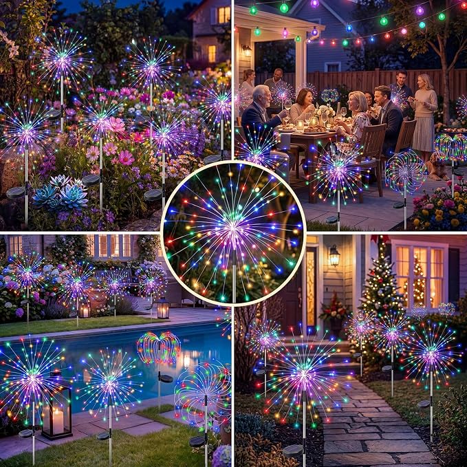 Solar Firework Lights Outdoor 4 Pack, 120LED Solar Starburst Garden Lights with 8 Modes, Waterproof Decorative Sparkle Light for Backyard, Garden, Patio Lawn Landscape & Halloween Decor