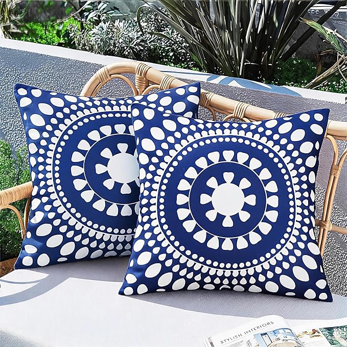 Merrycolor Set of 2 Outdoor Waterproof Throw Pillow Covers Blue and White Pillow Covers Floral Decorative Square Pillowcases Farmhouse Boho Outdoor Pillows for Patio Furniture 18x18 Inch Navy Blue
