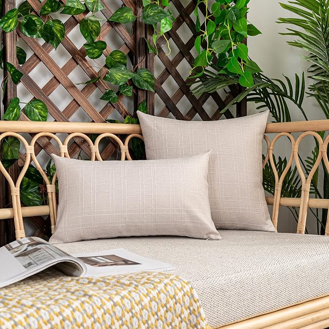 Kevin Textile Outdoor Waterproof Lumbar Pillow Covers 12x24 Inch Pack of 2 Checkered Decorative Rectangle Cushion Throw Pillowcases Shell for Patio Tent Garden Couch Bed Sofa Light Beige